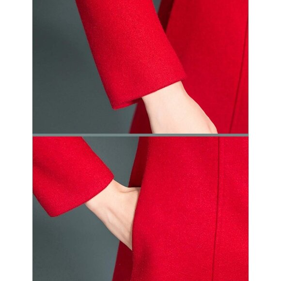 Women's  Red Wool Trench Coat Winter Long Thick Overcoat Walker Coats - Picture 5 of 5